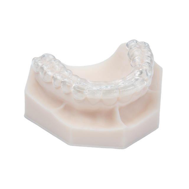 AccuGUARD deprogrammer appliance on upper model with occlusal side facing up, angled