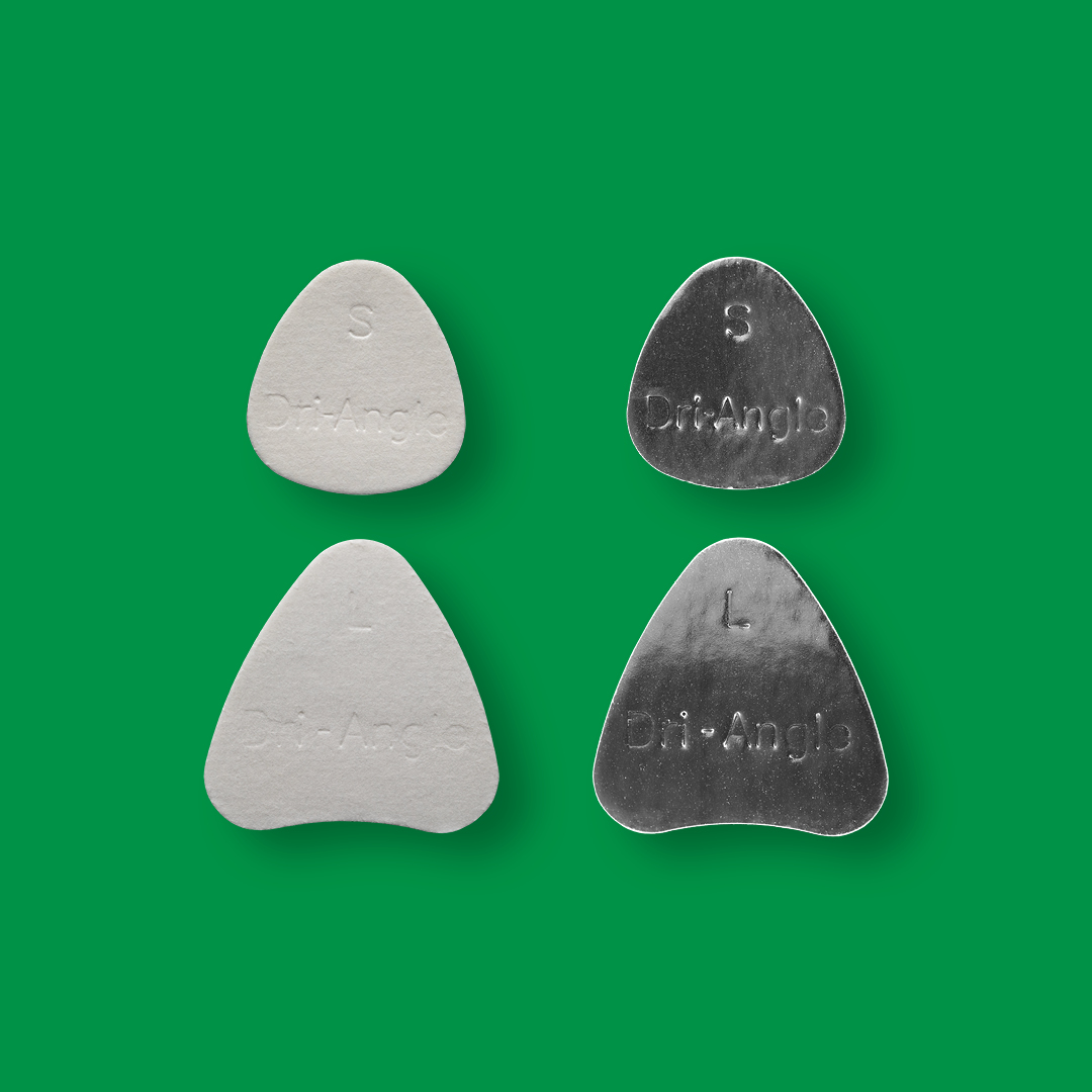 Two plain and two silver foil coated dri-angle products, small and large sized