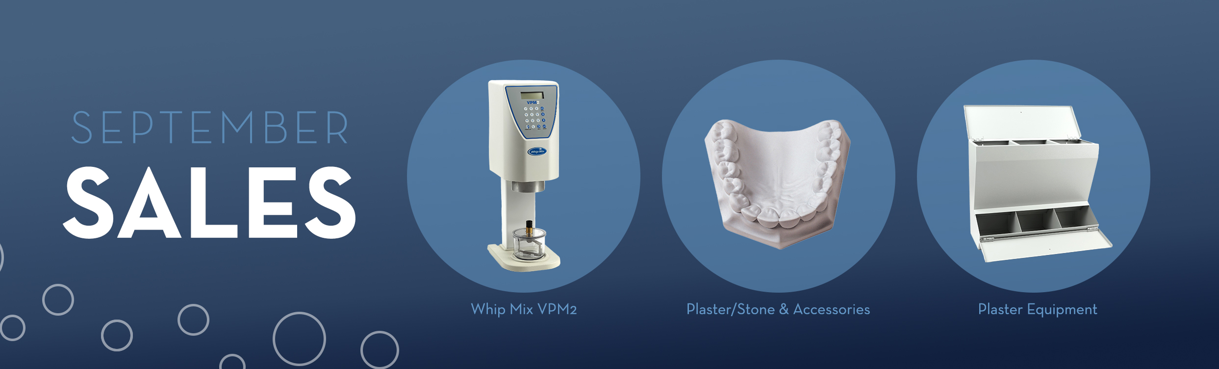 On sale features for September 2023—Whip Mix VPM2, Plaster/Stone & Accessories, and Plaster Equipment 